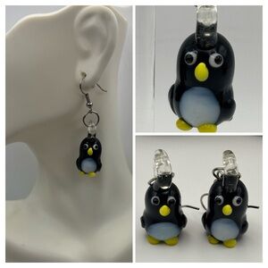 Whimsical Handmade Lampwork Glass Penguin Dangle Earrings
